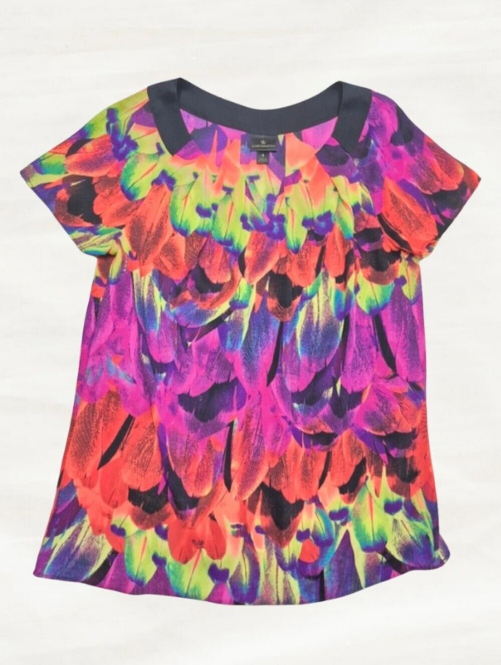 Worthington Feather Print Blouse Neon Multicolor Pleated Neck Short Sleeve Small